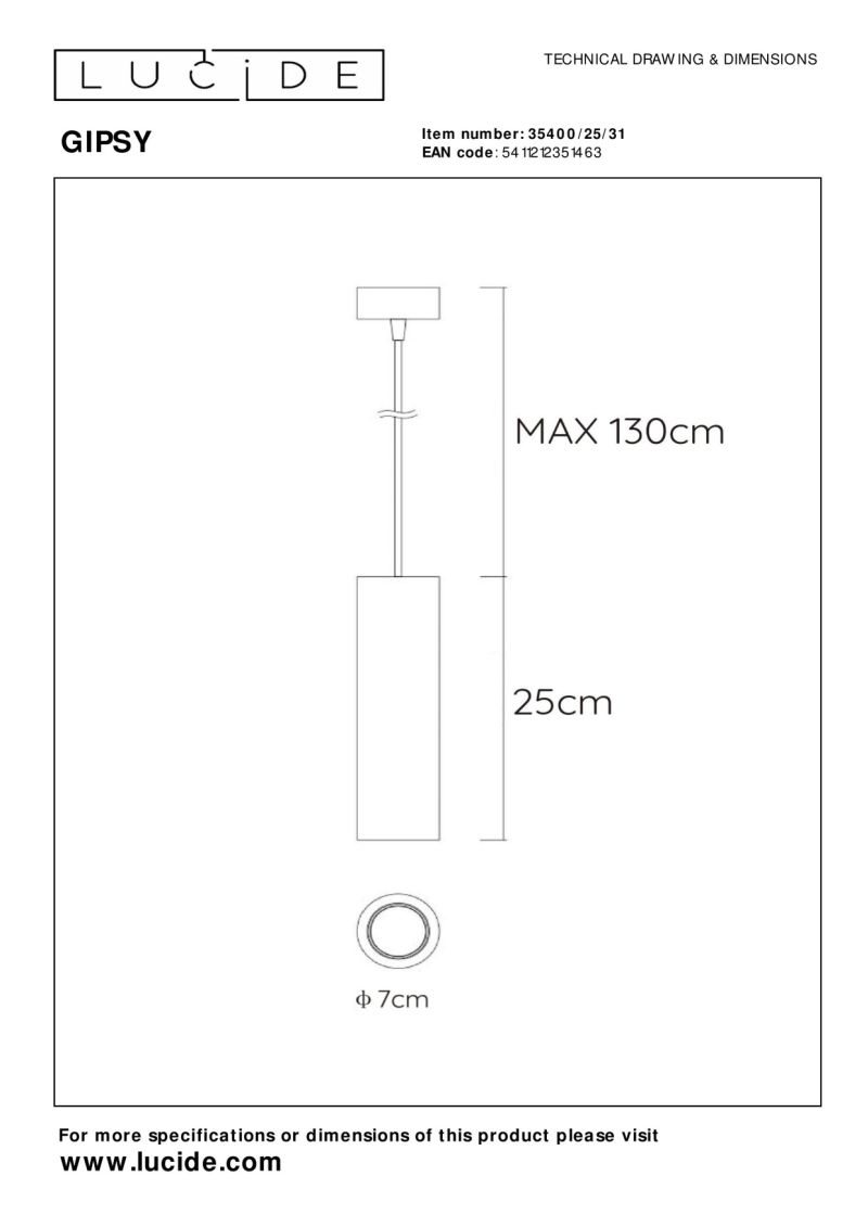 Lucide GIPSY - Závesné svietidlo - Ø 7 cm - 1xGU10 - Biele